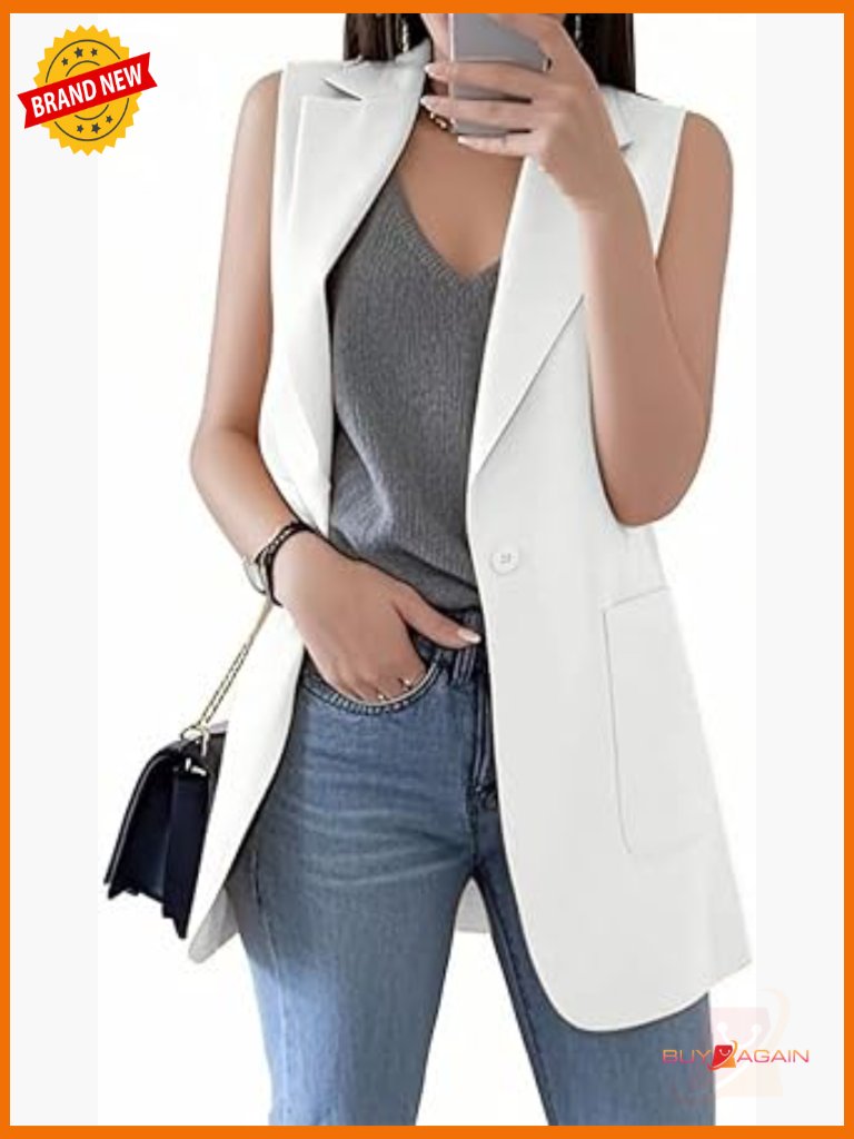 Sleeveless Blazer Vest Long Notch Lapel Women's Spring Summer Dressy Suit Jacket